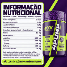 Carregar imagem no visualizador da galeria, Tabela nutricional e ingredientes do pré-treino 4Pump 100g 4Body sabor limão
