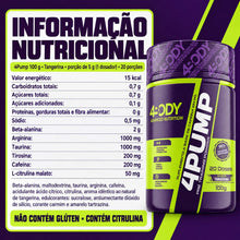 Carregar imagem no visualizador da galeria, Tabela nutricional e ingredientes do pré-treino 4Pump 100g 4Body sabor tangerina
