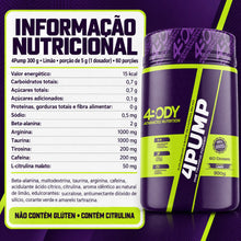 Carregar imagem no visualizador da galeria, Tabela nutricional e ingredientes do pré-treino 4Pump 300g 4Body sabor limão
