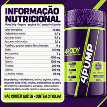 Carregar imagem no visualizador da galeria, Tabela nutricional e ingredientes do pré-treino 4Pump 300g 4Body sabor tangerina
