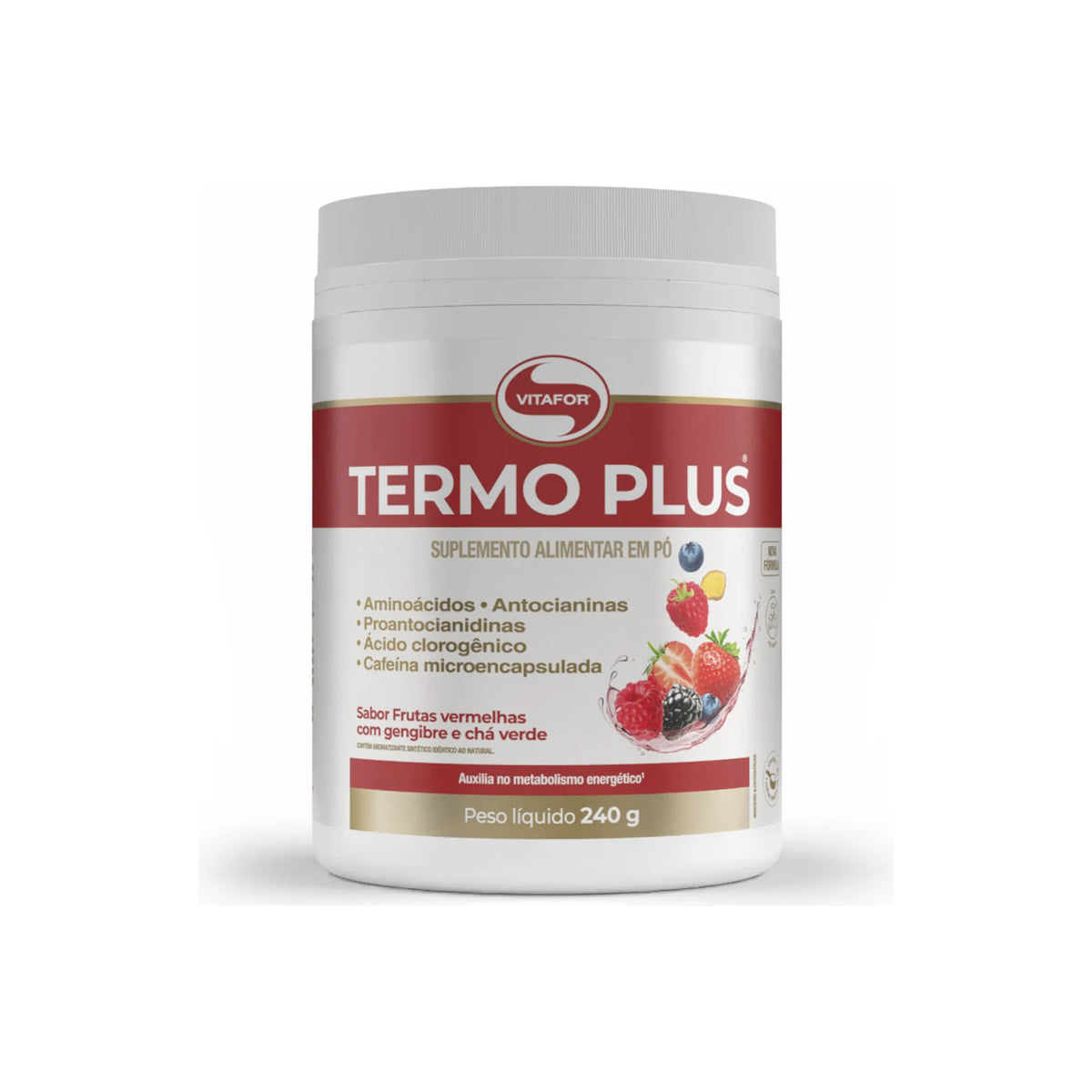 Termo Plus 240g Vitafor sabor frutas vermelhas com gengibre e chá verde pote frente