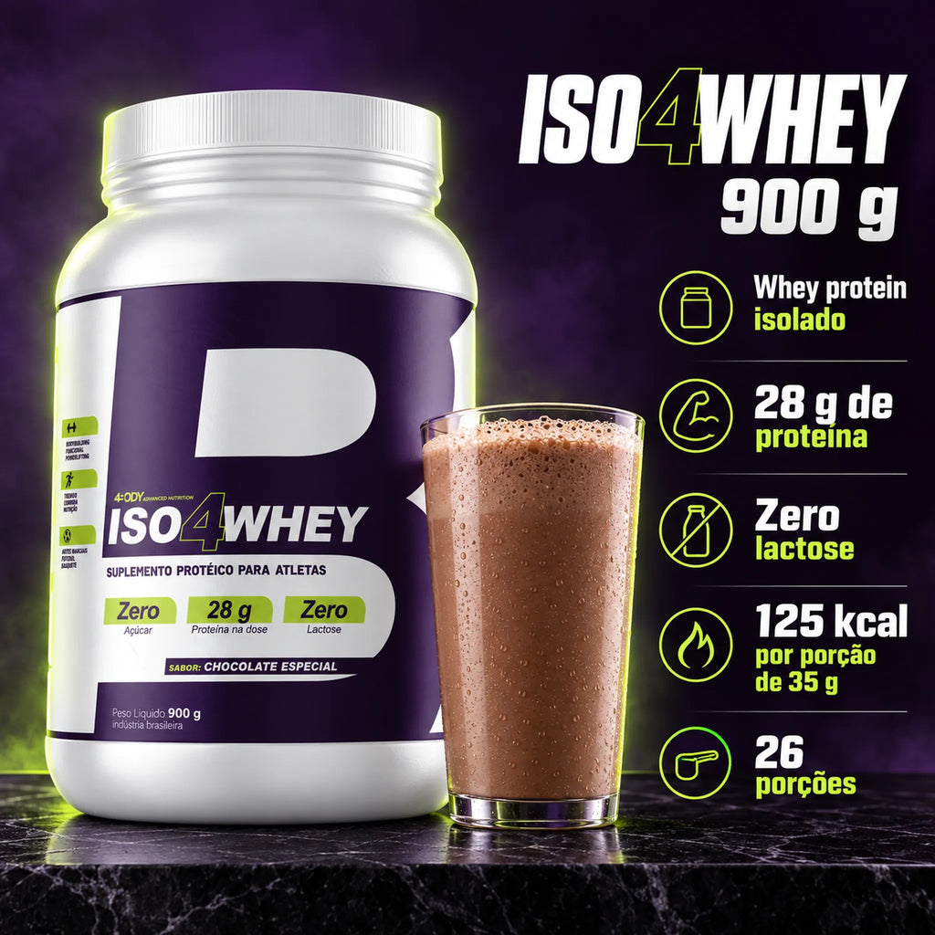 Whey isolado Iso4Whey 900g 4Body com 28g de proteína, zero lactose e 26 porções
