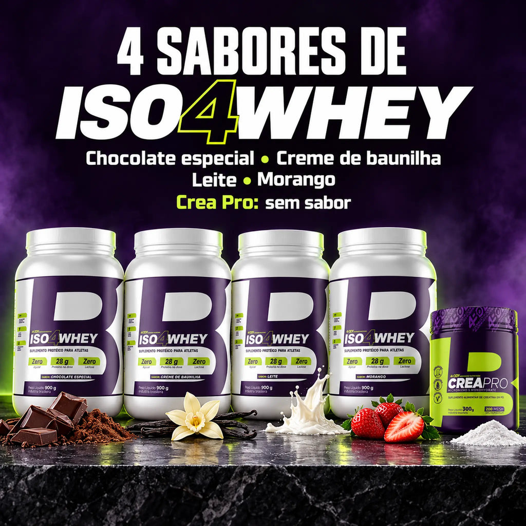 Whey isolado Iso4Whey 4Body nos sabores chocolate especial, creme de baunilha, leite e morango, com creatina Crea Pro sem sabor