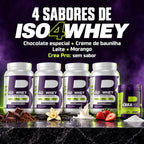 Whey isolado Iso4Whey 4Body nos sabores chocolate especial, creme de baunilha, leite e morango, com creatina Crea Pro sem sabor