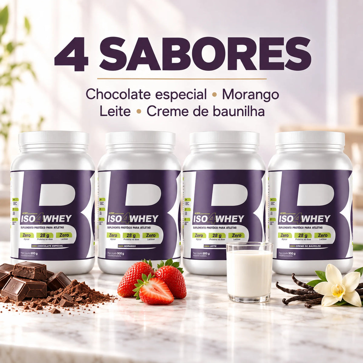 Whey isolado Iso4Whey 900g 4Body nos sabores chocolate especial, morango, leite e creme de baunilha