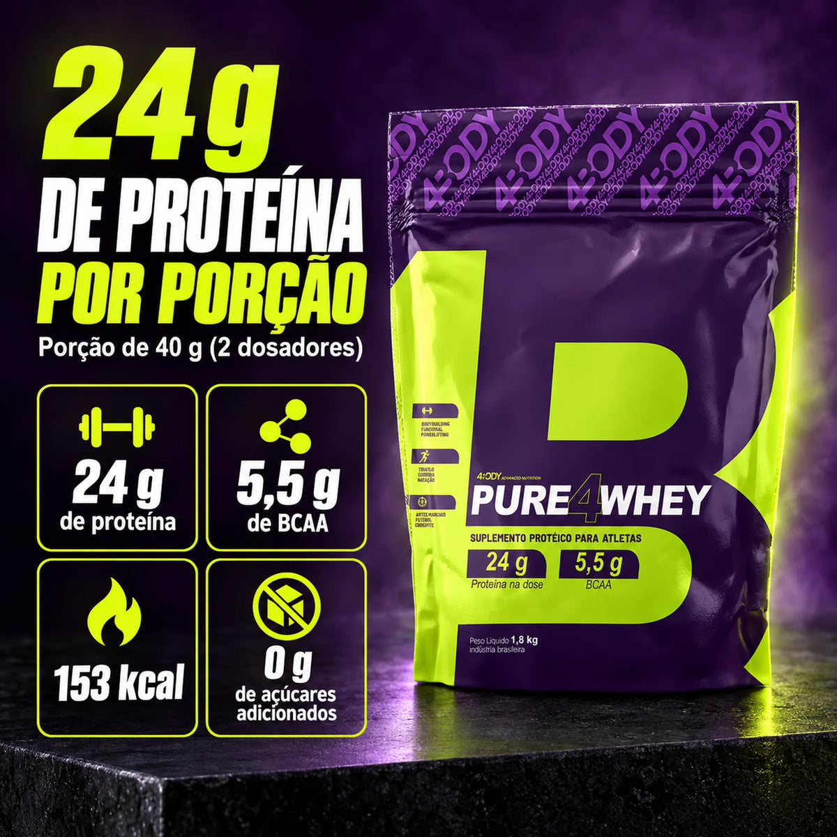 4Pure Whey Refil 4Body tem 24g de proteína, 5,5g de BCAA e 153 kcal por porção de 40g