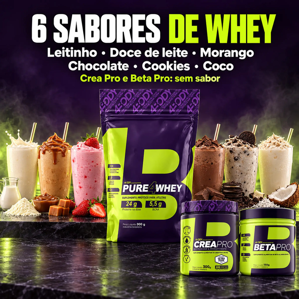 Whey protein concentrado 4Body em 6 sabores, com creatina Crea Pro e beta-alanina Beta Pro sem sabor