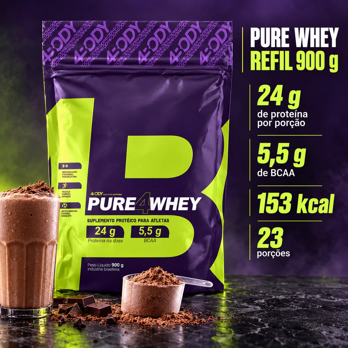Whey protein concentrado Pure Whey refil 900g 4Body com 24g de proteína, 5,5g de BCAA e 23 porções