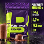 Whey protein concentrado Pure Whey refil 900g 4Body com 24g de proteína, 5,5g de BCAA e 23 porções