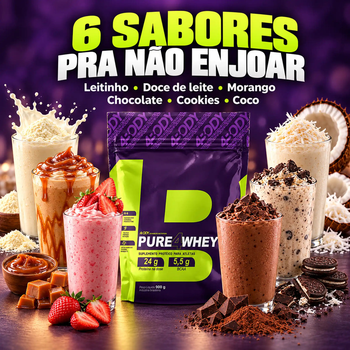Whey protein concentrado 4Body refil 900g nos sabores leitinho, doce de leite, morango, chocolate, cookies e coco