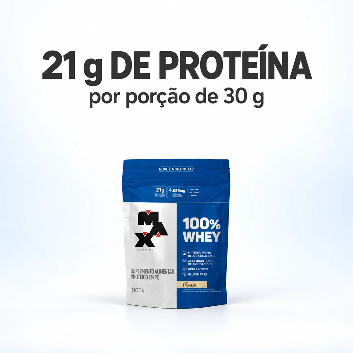 100% Whey Max Titanium 900g com 21 g de proteína por porção de 30 g