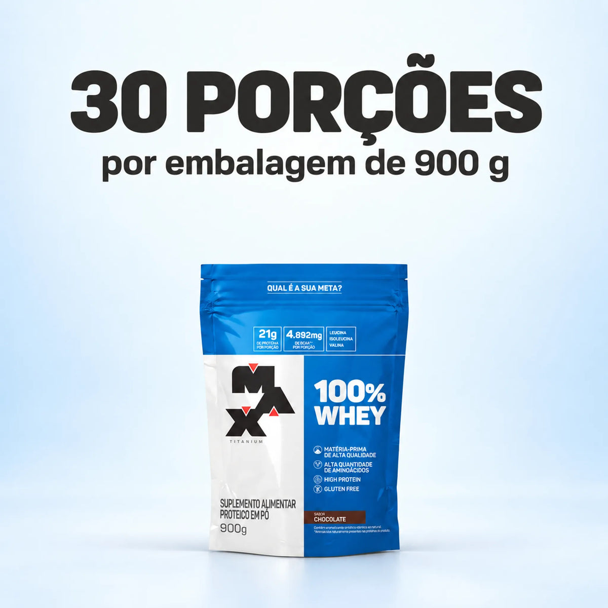 100% Whey Max Titanium 900g rende 30 porções por embalagem