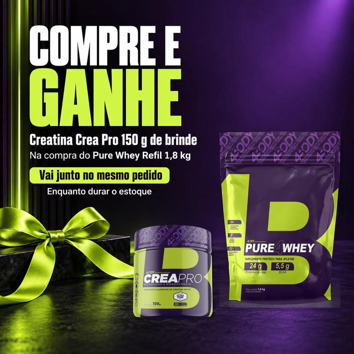 Compre o whey 4Pure Refil 1,8kg da 4Body e ganhe uma Creatina Crea Pro 150g de brinde