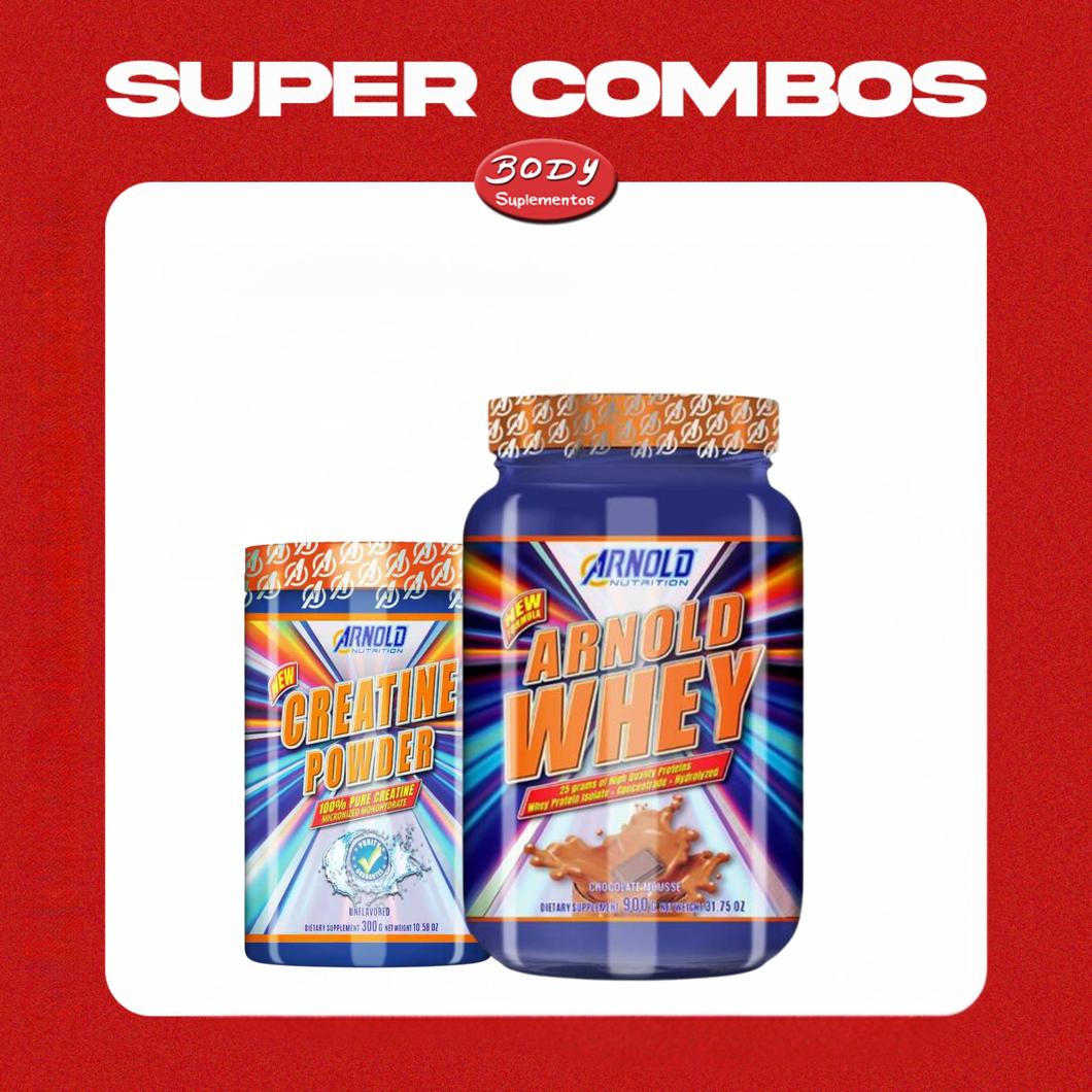 Combo Super Ganho de Massa Arnold: Whey 900g + Creatina 100% pura 300g